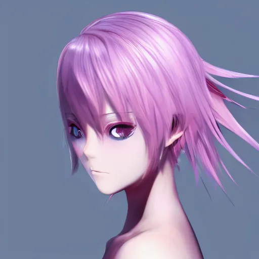 Prompt: of a 2 d anime girl with a holographic face, detailed minimalists eyes and features, with 3 d pink water hair