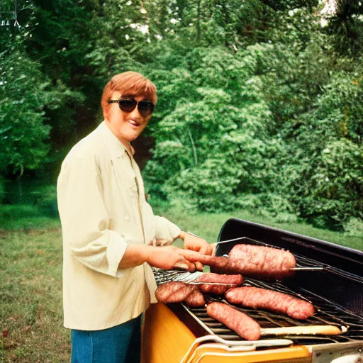 Prompt: A realistic portrait of Fresh Lennon, the famous Kentucky musician and radio host, grilling some sausages on the barbecue, Fujichrome Velvia 100, 85mm F 1.8