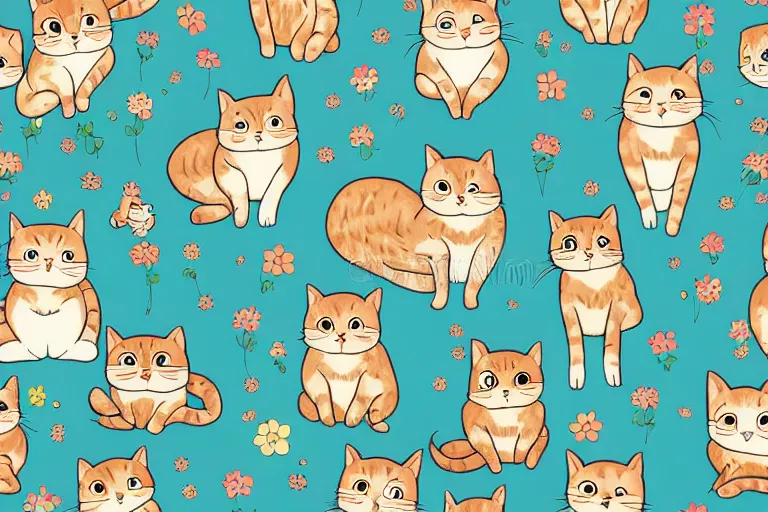 Image similar to beautiful art illustration of a group of happy cats by studio ghibli, thick lineart, highly detailed, seamless pattern, tiling, anime style