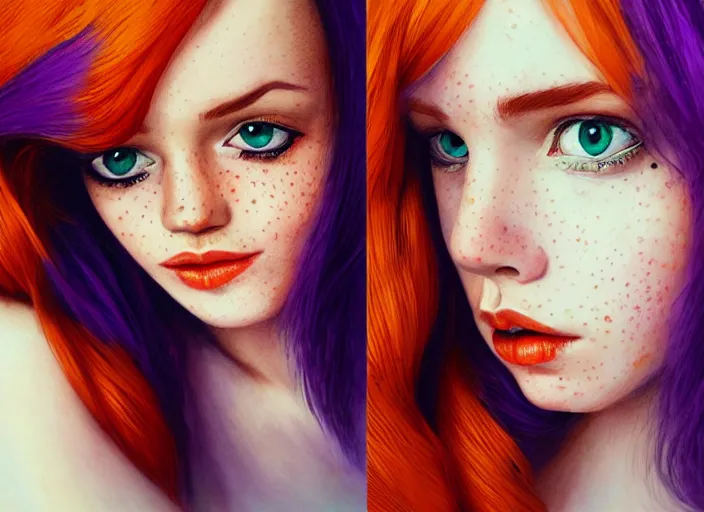 Image similar to portrait Girl with orange hair and freckles, purple background, cute-fine-face, pretty face, realistic shaded Perfect face, fine details. realistic shaded lighting by Anna Dittmann,