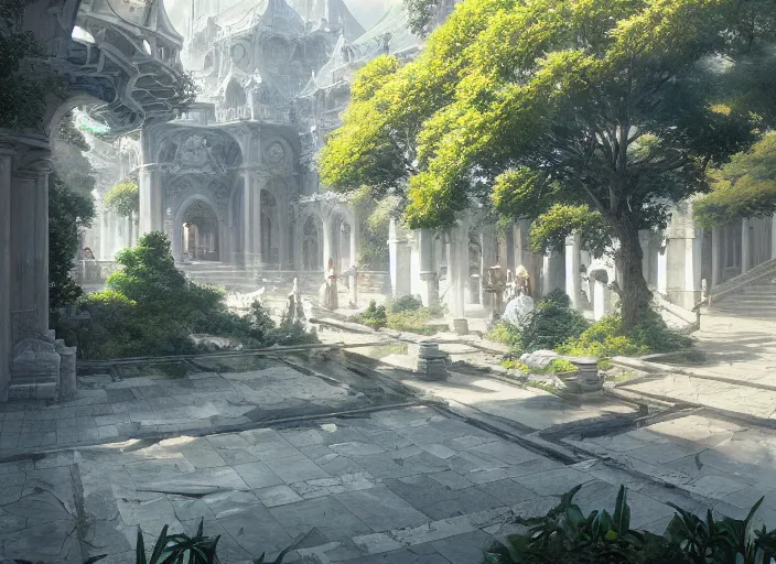 Prompt: A wide open courtyard in a beautiful elven city made of white marble, anime, lush trees, fountain, a fantasy digital painting by Greg Rutkowski and James Gurney, trending on Artstation, highly detailed