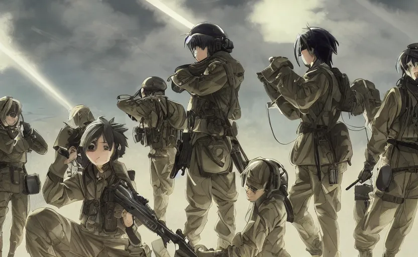 Prompt: anime style, modern warfare, panoramic view, searchlights in background, soldier clothing, hair down, real faces, symmetrical facial features, from arknights, hyper realistic, extreme detail, detailed drawing, trending pixiv, safebooru, d & d, realistic lighting, by alphonse mucha, greg rutkowski, sharp focus, backlit, mechanized transport