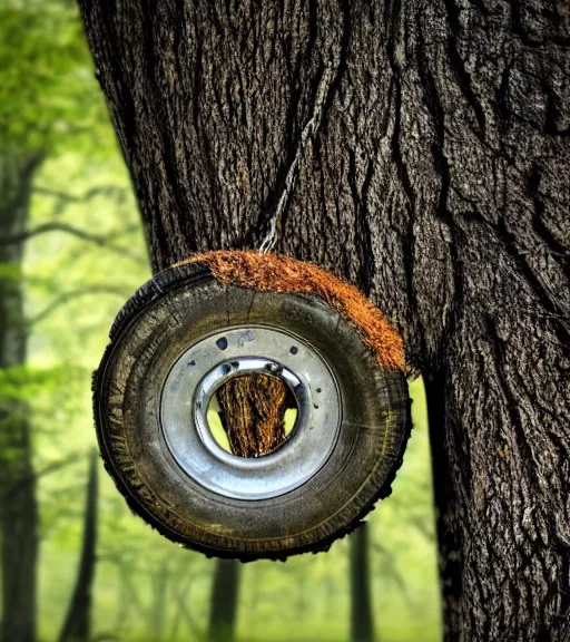 Image similar to sad tire hanging from a tree