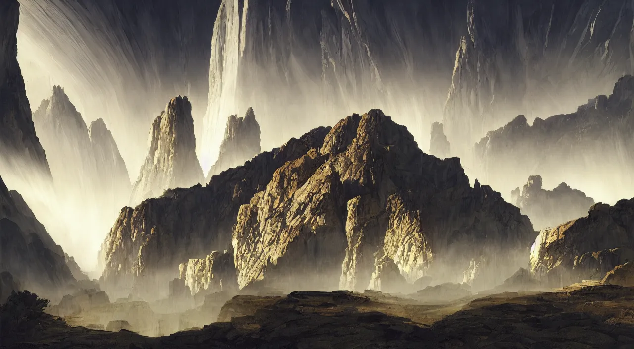 Image similar to ancient geological megastructural pyramid in canyon, tectonic parametrics by syd mead by albert bierstadt, photorealistic, zaha hadid, god rays, volumetric lighting, detailed, extremely intricate, raytrace, octane, light fog, neon