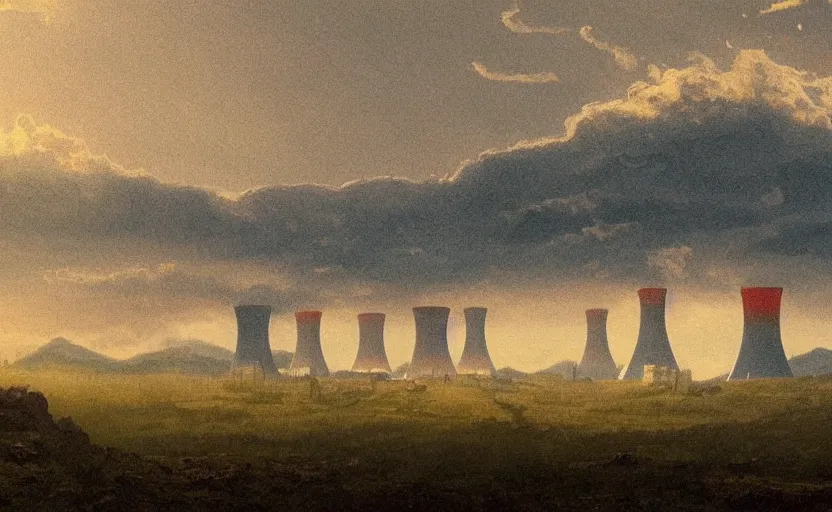 Prompt: nuclear powerplant in a field, close up shot, rocky, at dusk, distant mountains, 4k, rule of thirds, extreme detail, hazy, intricate ink illustration, surreal, surrealist, trending on artstation, cgsociety, hd, calm, complimentary colours, realistic lighting, by Albert Bierstadt, Frederic Edwin Church.