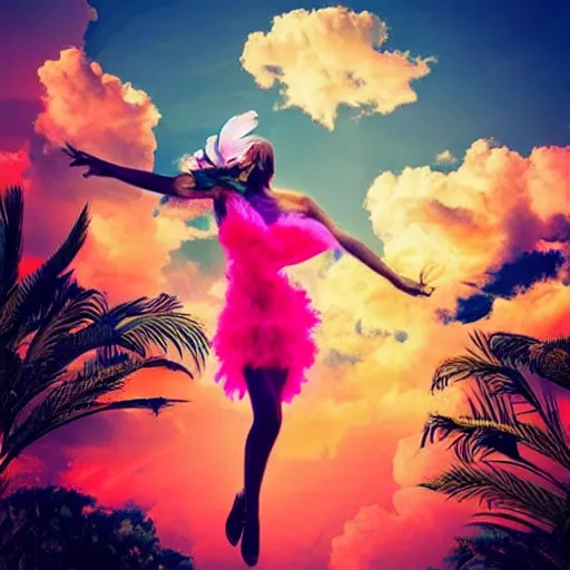 Prompt: a goddess wearing a flamingo fashion up there in sky, aesthetics, on fire, photoshop, colossal, creative and cool, giant, digital art, city, photo manipulation, clouds