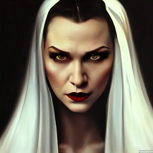 Image similar to close up face of a beautiful bond female VAMPIRE portrait, oil on canvas, artgerm, norman rockwell, craig mulins, trending on pxiv,