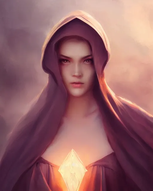 Prompt: a beautiful female cleric wearing a cloak, ethereal, dreamy, backlit, realistic face, realistic lighting, sharp focus, windswept, rule of thirds, by artgerm, wlop, rossdraws, frank frazetta, andrei riabovitchev, trending on artstation, hd, 4 k, fantasy