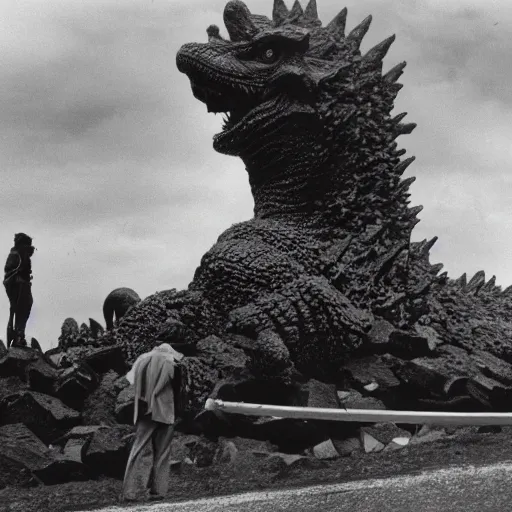 Image similar to extreme wide angle photo of godzilla taking a smoking break between filming setups