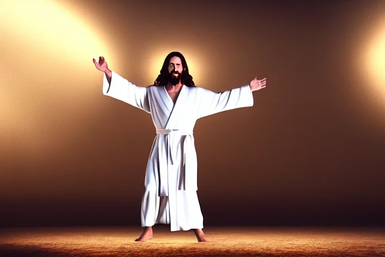 Image similar to jesus christ wearing a white robe strikes a dance pose in the apocalypse, intricate, hyper detailed, accent lighting, dramatic light, 4 k octane render