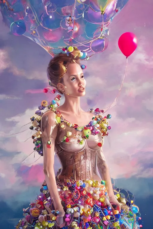 Image similar to young angelina jolie as an balloon woman dressed in intricate balloon clothing surrounded by tiny balloons, fantasy, wlop, trending on artstation, deviantart, anime key visual, official media, professional art, 8 k uhd