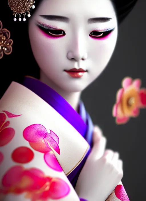 Image similar to Geisha photo portrait, beautiful makeup, pearlescent skin, elegant pose, highly detailed kimono, photorealism, artstation, different point of view, sharp focus, photorealistic, soft diffuse lights, canon 5D 50 mm lens