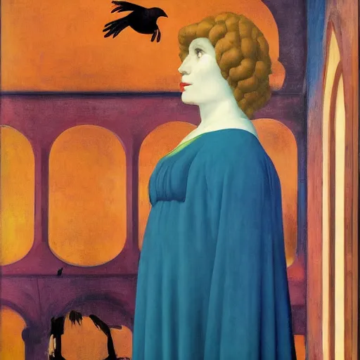 Prompt: a woman in a medieval city, a lots of crows, hyperrealistic film still by edward hopper, by gottfried helnwein, by klimt, by paolo uccello, art nouveau, highly detailed, strong lights, liminal, eerie, bright pastel colors