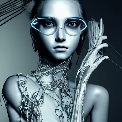 Prompt: the portrait of an absurdly beautiful, graceful, sophisticated, fashionable cyberpunk gravure idol, an ultrafine hyperdetailed illustration by kim jung gi, irakli nadar, matt wisniewski, fashion photography, intricate linework, iridescent wiring, porcelain skin, unreal engine 5 highly rendered, global illumination, radiant light, detailed and intricate environment