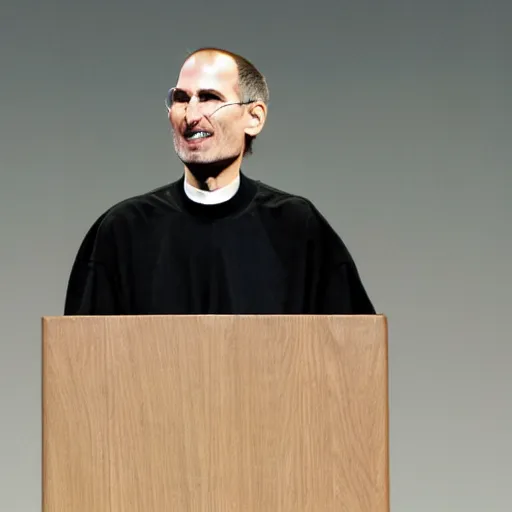 Prompt: a photo of steve jobs, preaching on a large stage during the last mass in the cult of steve jobs, hyper realistic, ultra detailed, 2 4 mm lens