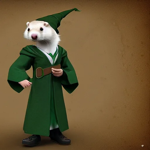 Image similar to a anthropomorphic ferret is dressed as a hogwarts student in slytherin robes, hyperdetailed, artstation, cgsociety, 8 k