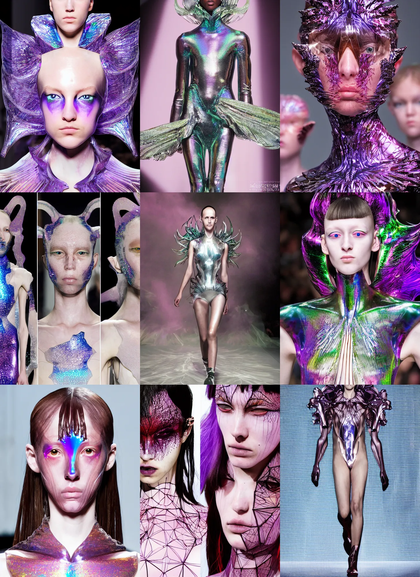 Prompt: iris van herpen anime inspired spring collection runway, expert photography, holographic undertones, high detail