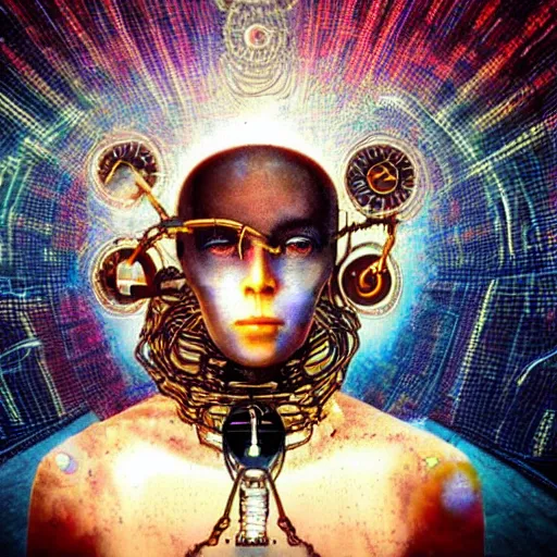 Image similar to a spiritually awakened cyborg wants to help humans free themselves from the chains of mental slavery and authoritarian politicians, surreal technological conceptual art magical cybernetic realism horror visions distopic and utopic art and the same time