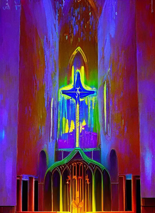 Prompt: florescent waterfall in a church interior with pentacle neon lights painted by Edward Hopper and James Gilleard