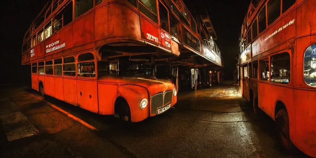 Prompt: a widescreen photo of a old rusty double - decker bus in a dark alley, low light, by steve mccurry