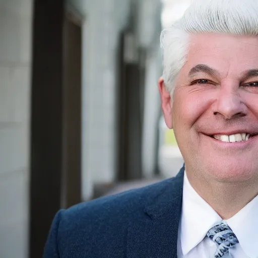 Prompt: close - up portrait of chubby chubby chubby white clean - shaven man in his sixties with white hair wearing a suit and tie, open mouthed smile,