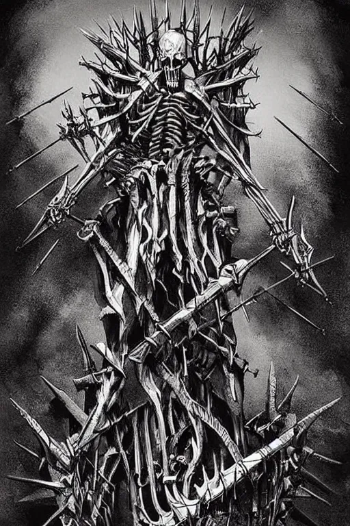 Image similar to Poster Illustration by Jeremy Jarvis of a skeletal abomination with barbed spikes. It's of royal lineage no doubt. More than anything, it wants to praise its obscure god through combat, constructing idols from the slain.