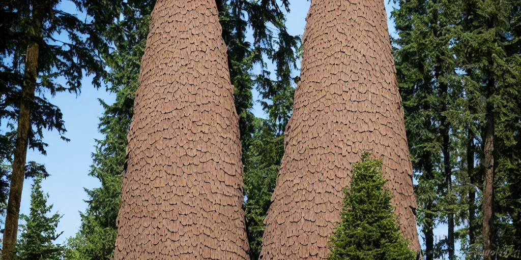 Image similar to tall house tower made of an enormous mushroom, washington state, traditional architecture