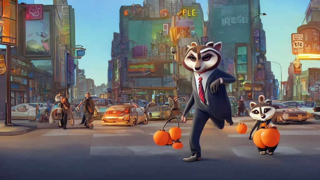 Image similar to An anthropomorphic raccoon businessman is walking down a busy crosswalk at sunset, warm lighting with an orange glow blanketing the cityscape, zootopia, other anthropomorphic characters are walking by him, extremely detailed, HDR, sideview, dramatic, lots of cars and animal people in the background, detailed face and eyes, visible pupils