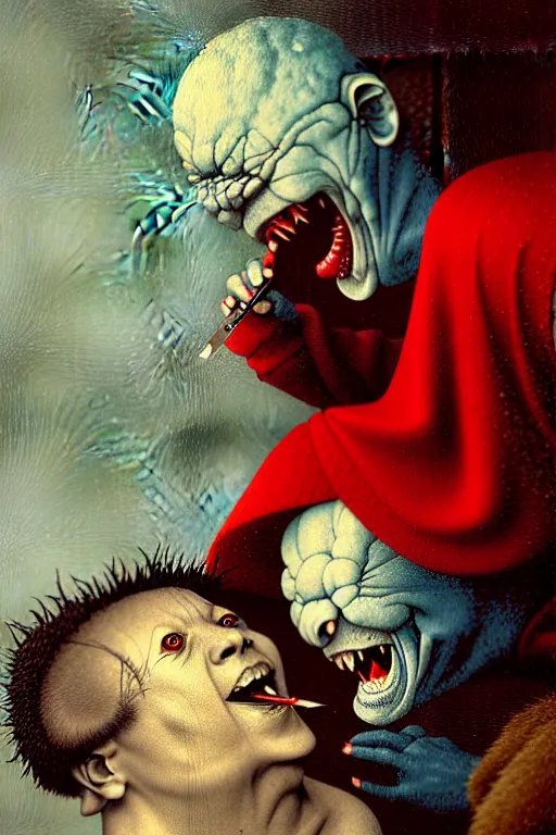 Image similar to hieronymus bosch, greg rutkowski, anna podedworna, painting of a small fat blue godzilla laughing at a red haired vampire in a white woollen turtleneck dress