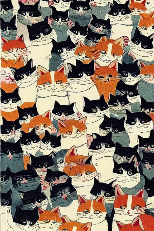 Image similar to Piles of cats, Kawaii Japanese illustration, 1980s