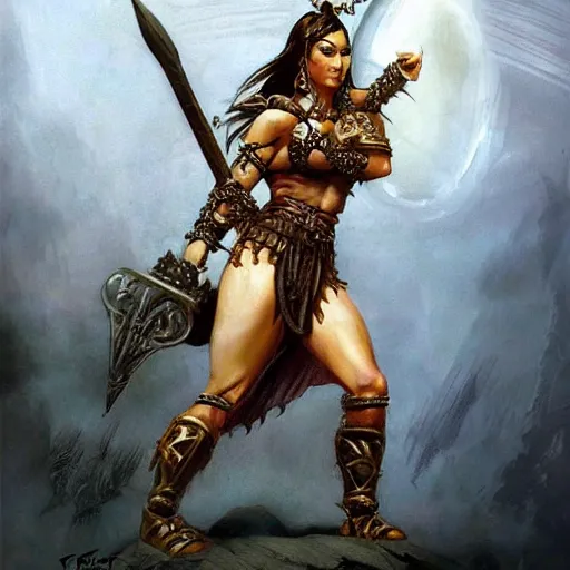 Image similar to warrior princess character portrait by frank frazetta - wearing ornate armor, holding a spear, striking a pose, fantasy, dungeons & dragons, sharp focus, beautiful, artstation contest winner, detailed