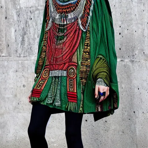 Image similar to ancient greek philosopher wearing gucci colorful intense intricate textile chiton himation cloak tunic detailed streetwear cyberpunk modern fashion