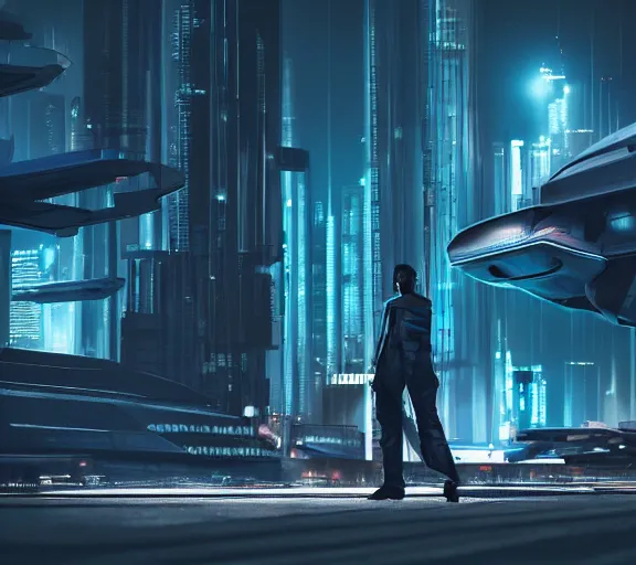 Image similar to man stands beside futuristic sci fi jet landed at runway of cyberpunk city, night photo ,dark cinematic lighting , digital concept art