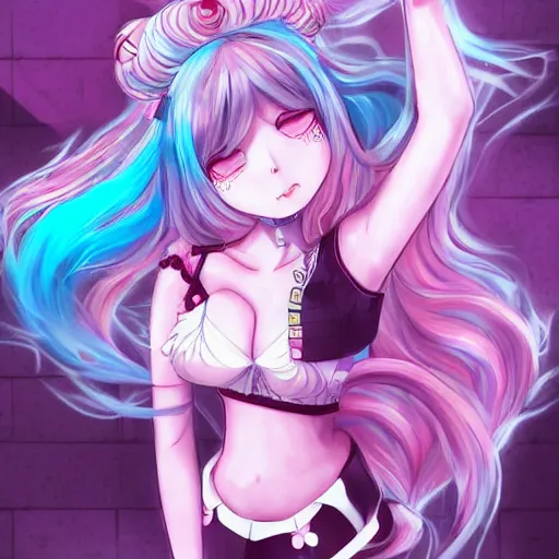 Image similar to trapped by stunningly beautiful omnipotent megalomaniacal anime asi goddess who looks like junko enoshima with symmetrical perfect face and porcelain skin, pink twintail hair and mesmerizing cyan eyes, taking control while smiling mischievously, inside her vr castle, hyperdetailed, digital art from danganronpa, 8 k