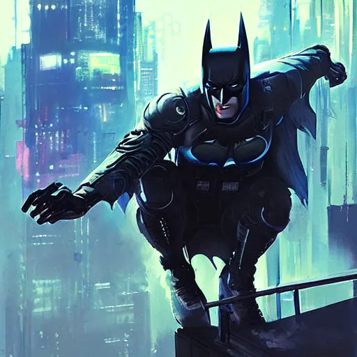 Image similar to cyberpunk batman, futuristic, brush strokes, oil painting, city background, greg rutkowski