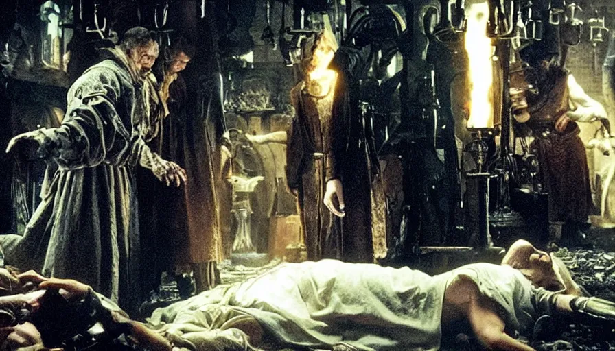 Prompt: Movie by Ridley Scott about an 16th century alchemist lab where a lavishly dressed necromancer priest kisses a cyborg zombie