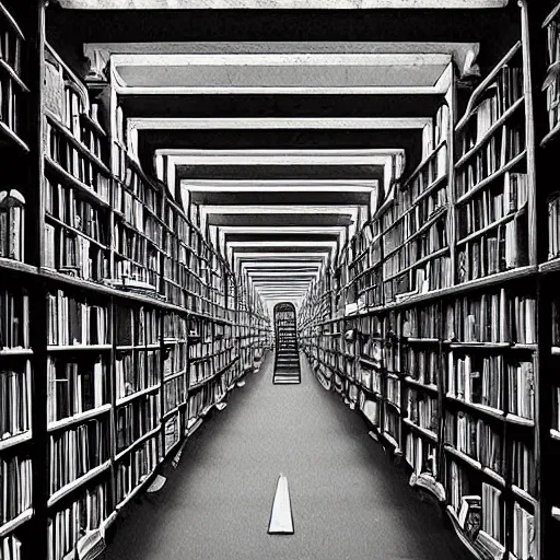 Prompt: “lost in a labyrinth that is Powell’s City of Books. Creepy liminal photo. Hyperrealistic, Photo taken by M.C. Escher. benchmark resolution photo”