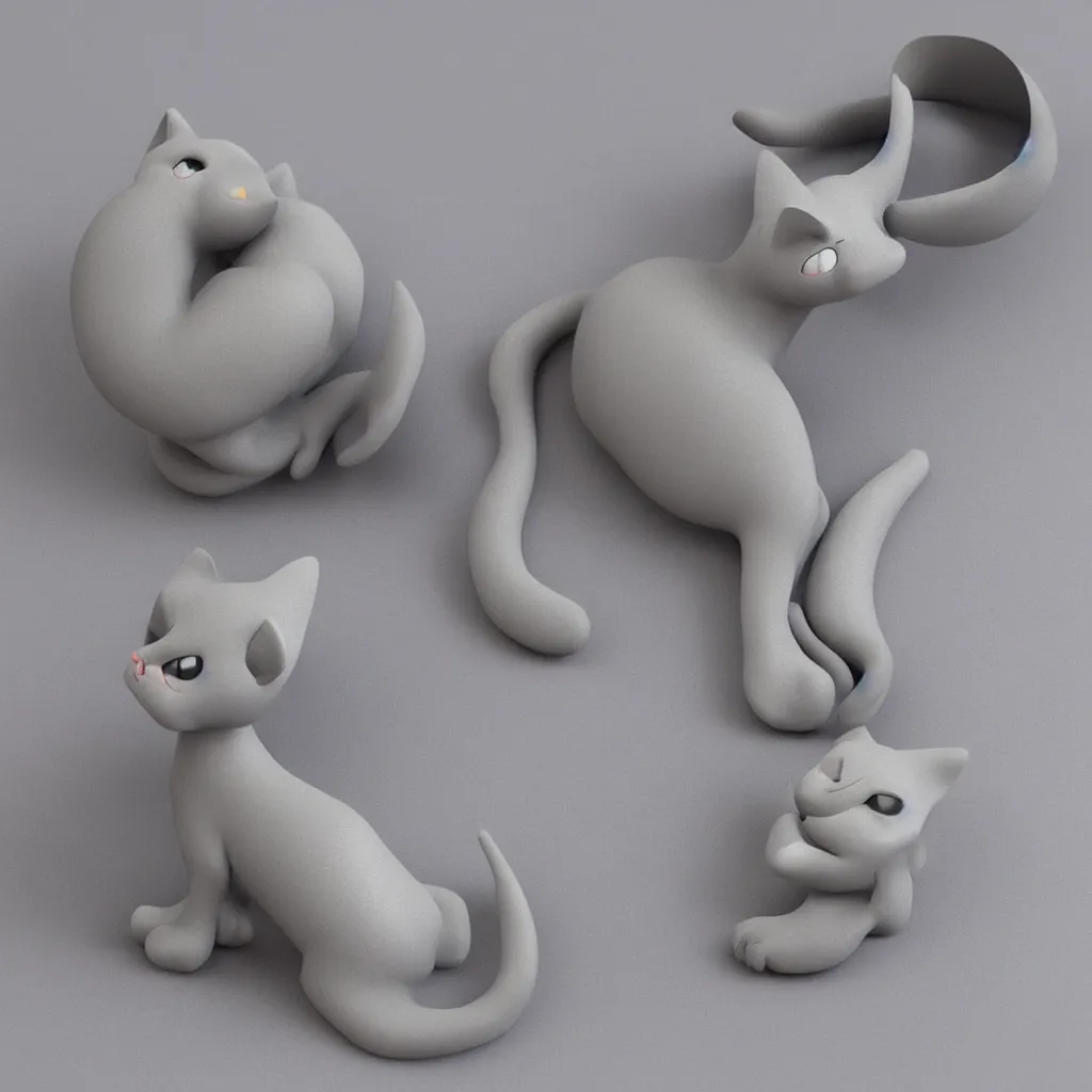 Image similar to 3 d graphic cartoon gray clay cat, shiny gloss