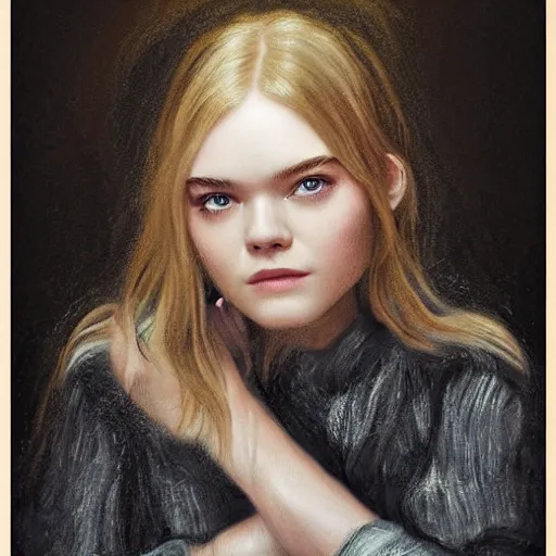 Prompt: Elle Fanning by the fire, head and shoulders portrait, extremely detailed masterpiece, chiaroscuro,