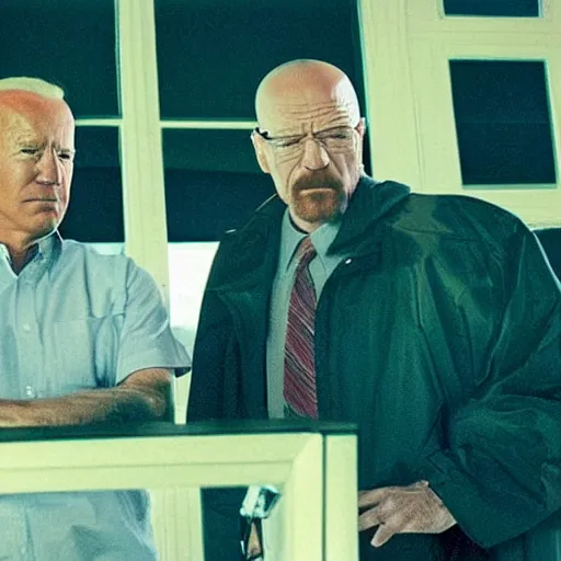 Prompt: “35mm realistic screenshot of Joe Biden and Walter White in an episode of Breaking Bad, atmospheric lighting, award-winning”