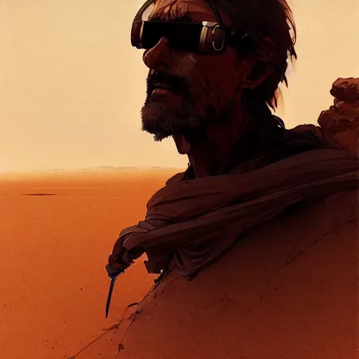 Image similar to man in the desert looking for wifi by Akihito Yoshitomi AND Yoji Shinkawa AND Greg Rutkowski, Mark Arian trending on artstation