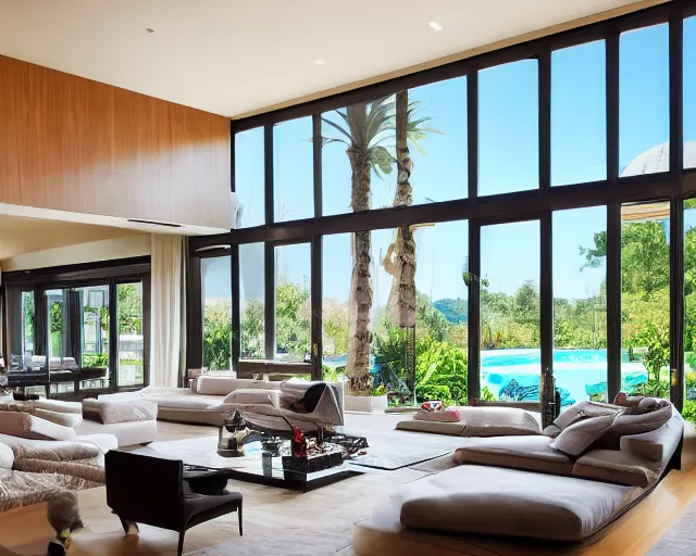 Image similar to a modern style living room in a big mansion next to a giant window overlooking the pool, 8 k resolution, sharp focus, wide lens, interior design photography, ray tracing