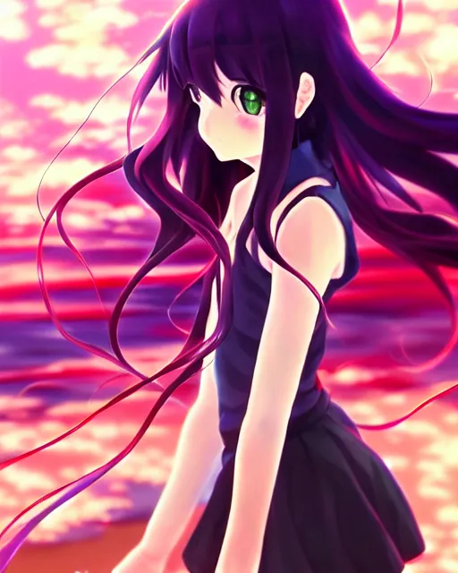 Image similar to anime style, vivid, expressive, full body, 4 k, painting, a cute magical girl with a long wavy black hair, stunning, realistic light and shadow effects, centered, simple background, studio ghibly makoto shinkai yuji yamaguchi