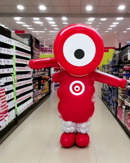 Prompt: target mascot bullseye in front of target logo artistic ad campaign closeup Portrait photo Leica Zeiss red balloons everywhere