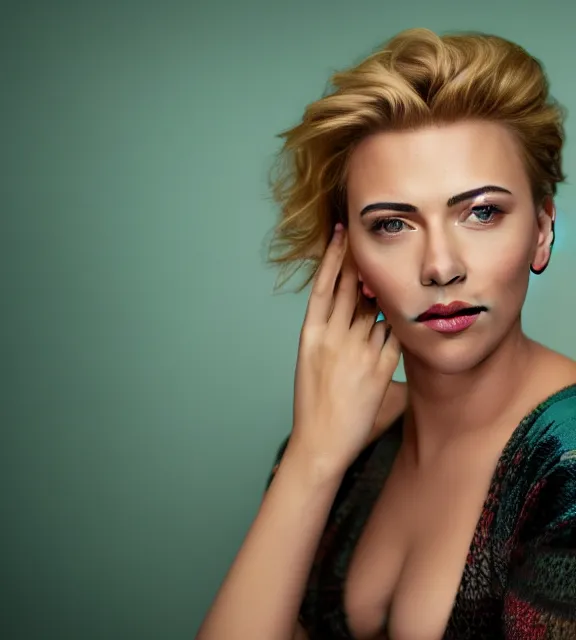 Image similar to beautiful portrait photo of Scarlett Johansson, slight smile, photo by Annie Leibovitz, 85mm, teal studio backdrop