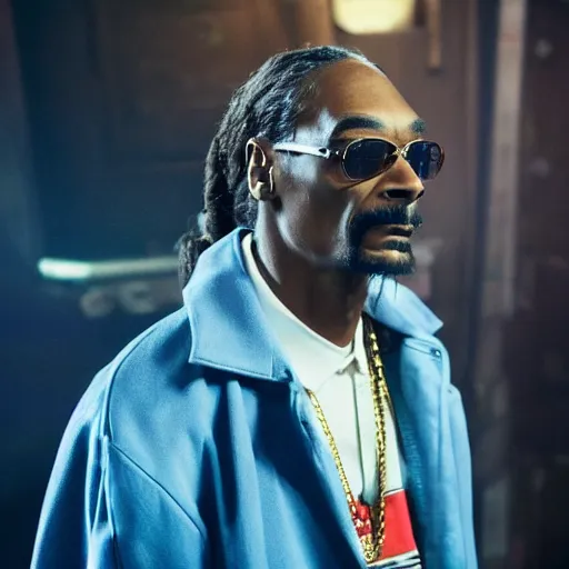 Image similar to snoop dogg as a rough dirty old man with a scruffy beard in a dark blue trenchcoat as the new doctor who, cinematic, volumetric lighting, f 8 aperture, cinematic eastman 5 3 8 4 film, photorealistic