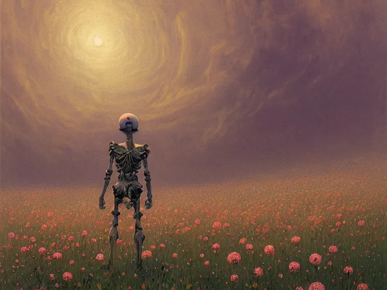Image similar to a detailed profile illustration of skelleton standing in a field of flowers, aurora lighting clouds and stars by beksinski carl spitzweg and tuomas korpi. intricate artwork by moebius. Trending on artstation. 8k