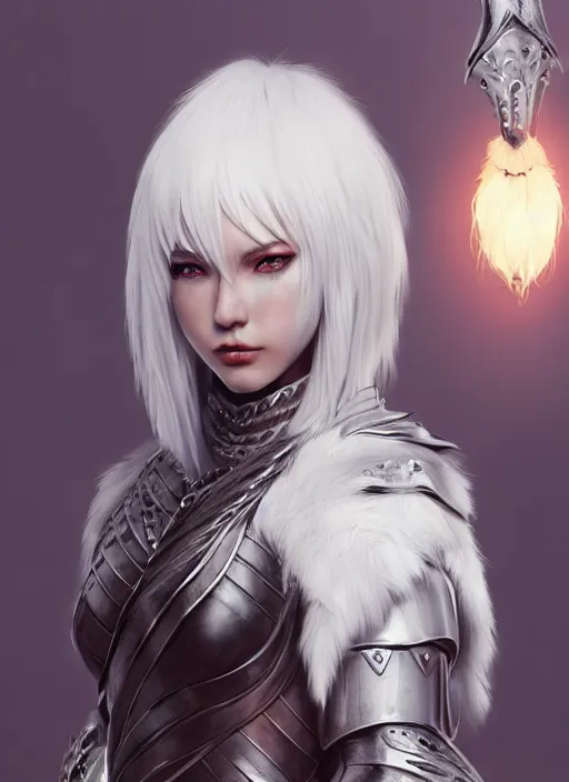 Prompt: warrior, fur leather armor!!! beautiful and elegant white hair female!! gorgeous ayes!! character concept art, sharp focus, octane render! unreal engine 5! highly rendered!! trending on artstation!! detailed linework!! illustration by artgerm, wlop, and chie yoshii