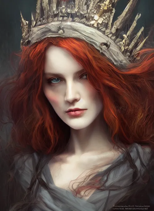 Prompt: pale, beautiful witch with long hair and a delicate crown, fantasy, medieval, vivid colors, fantasy, elegant, concept art, sharp focus, beautiful face!!, digital art, Hyper-realistic, 4K, Unreal Engine, Highly Detailed, HD, Dramatic Lighting by Brom, trending on Artstation