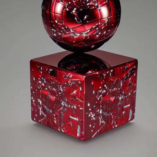 Image similar to chrome spheres on a red cube by ayami kojima